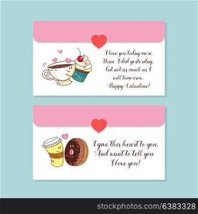 Little envelopes, postcards. Vector greeting cards about love. With Valentine&rsquo;s day. Cute cartoon concept about love.Coffee, donuts, tea and cake.