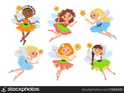 Little fairy. Beautiful girls with wings and magic wands, cute fantasy fabulous small characters, young sorceresses in colored dresses, flying fairytale elf kids vector cartoon flat style isolated set. Little fairy. Beautiful girls with wings and magic wands, cute fabulous small characters, young sorceresses in colored dresses, flying fairytale elf kids, vector cartoon flat isolated set