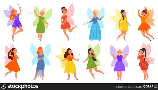 Little fairy collection. Kids fairies in dress, funny magical girls with wings. Cartoon tales characters, cute fantasy decent vector female set. Illustration of fairy character, magic adorable girls. Little fairy collection. Kids fairies in dress, funny magical girls with wings. Cartoon tales characters, cute fantasy decent vector female set