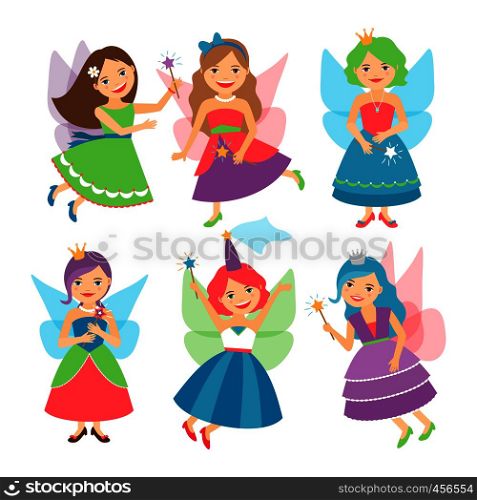 Little fairy girls whith wings and in ball dresses. Vector illustration. Little fairy girls