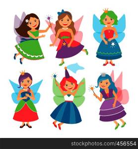 Little fairy girls whith wings and in ball dresses. Vector illustration. Little fairy girls