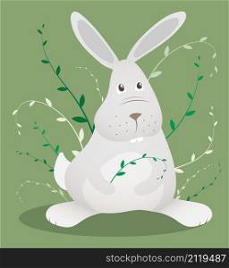 Little funny rabbit sits on green meadow. Symbol of Easter and 2023 in Chinese calendar. Childrens vector illustration