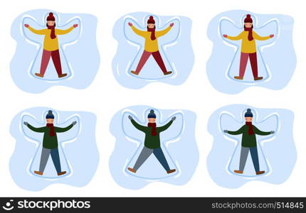 Little girl and boy enjoy first snowfall. Kids making snow angel cartoon illustration. Winter entertainment. Flat style vector illustration isolated on white background.. Little girl and boy enjoy first snowfall. Kids making snow angel cartoon illustration.