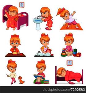 Little girl brushes teeth, exercises in morning, eats porridge, washes dishes, plays with toys and dog, reads books and sleeps vector illustrations.. Little Girl Does Daily Routine Illustrations Set