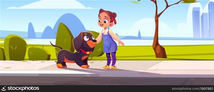 Little girl caress cute dachshund dog at city street or parkland area with trees and cityscape background. Child with pet, walk with domestic animal, cartoon funny characters, Vector Illustration. Little girl caress cute dachshund dog on street