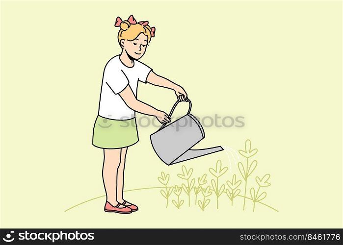 Little girl child holding can watering flowers in garden. Happy kid take care of plants outside. Gardening and horticulture. Vector illustration.. Girl child watering flowers