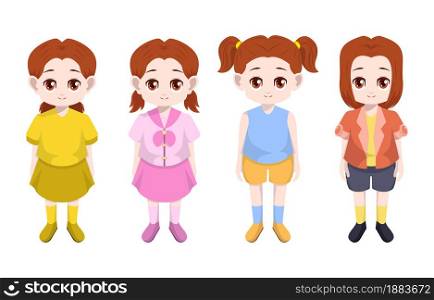 Little Girl Child Kid Standing Clothes Hair Front Vector Cartoon Set