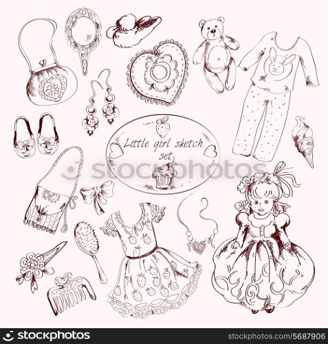 Little girl clothes accessories and toys set with pins comb mirror slippers abstract sketch doodle vector illustration
