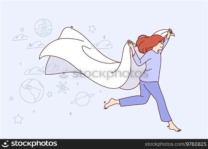 Little girl dreams while sleeps and runs with blanket in hands among space scenery. Carefree teen child sleeps and dreams of traveling galaxy or working in space exploration industry.. Little girl dreams while sleeping at night and runs with blanket in hands among SPAce scenery
