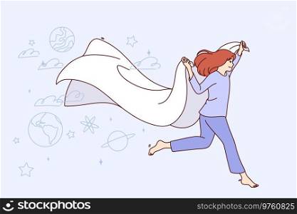 Little girl dreams while sleeps and runs with blanket in hands among space scenery. Carefree teen child sleeps and dreams of traveling galaxy or working in space exploration industry.. Little girl dreams while sleeping at night and runs with blanket in hands among SPAce scenery
