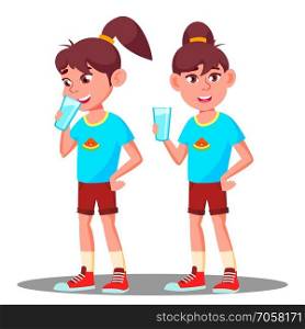 Little Girl Drinks From A Glass Of Water Vector. Illustration. Little Girl Drinks From A Glass Of Water Vector. Isolated Illustration