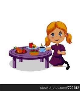 Little Girl Eating. Funny Smiling Cartoon Baby with Blonde Hair and Blue Eyes Eat Sitting at Table with Different Food Vegetable, Fruit Isolated on White Background Character Vector Illustration. Funny Smiling Cartoon Little Girl Eating at Table