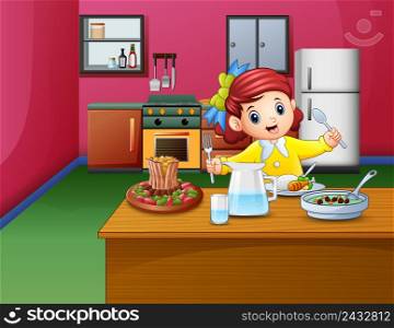 Little girl eats sitting at the dining table