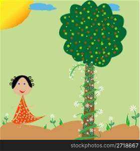 little girl, flowers and tree, vector art illustration