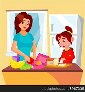 Little Girl Helping Mother In The Kitchen Vector. Lunch Box. Illustration. Little Girl Helping Mother In The Kitchen Vector. Lunch Box. Isolated Illustration