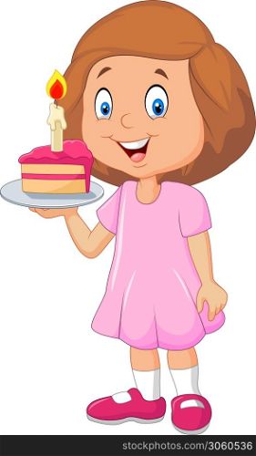 Little girl holding birthday cake isolated on white background