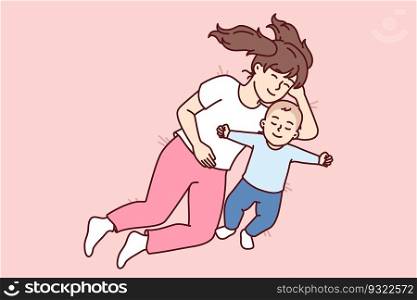 Little girl hugging newborn brother lying in bed and falling asleep together for happy childhood concept. Caring preteen sister near carelessly sleeping little toddler resting after day walk. Little girl hugging newborn brother lying in bed and sleep together for happy childhood concept