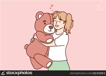 Little girl hugs big favorite soft toy and smiles feeling affection. Happy preschool child holding plush bear rejoicing at cool gift from parents or relatives. Flat vector illustration. Little girl hugs big favorite soft toy and smiles feeling affection of plush bear. Vector image