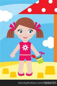 Little girl in a sandbox with a bucke
