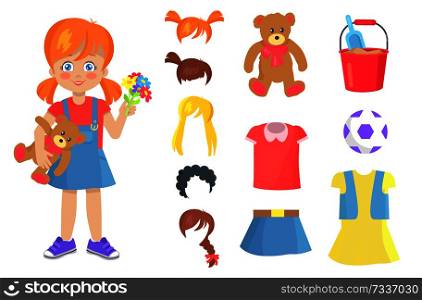 Little girl in denim dress holds soft teddy bear and colorful flowers. Additional hairstyles, childish toys and stylish clothes vector illustrations.. Adorable Little Girl with Teddy Bear and Flowers