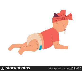 Little girl in diaper lies on floor. Cute baby with pacifier. Isolated cartoon kid crawling on tummy. Human age and toddler development step. Adorable happy newborn child. Vector infancy concept. Little girl in diaper lies on floor. Cute baby with pacifier. Isolated kid crawling on tummy. Human age and toddler development step. Adorable newborn child. Vector infancy concept