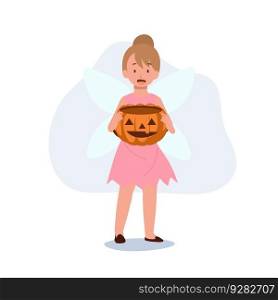 Little girl in Halloween fairy dress costume with pumpkin bucket. Trick or treat. Flat vector cartoon character illustration.
