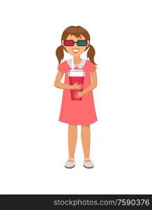 Little girl in pink dress in virtual reality glasses and cup of soda drink. Child going to visit cinema isolated person. Movie visitor, small kid in VR device. Little Girl in Dress in Virtual Reality Glasses
