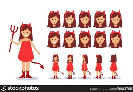 Little Girl in red demon costume for Halloween festival.trick or treat. Front, side, back view animated character.Vector Character creation set, Cartoon style, flat vector illustration.