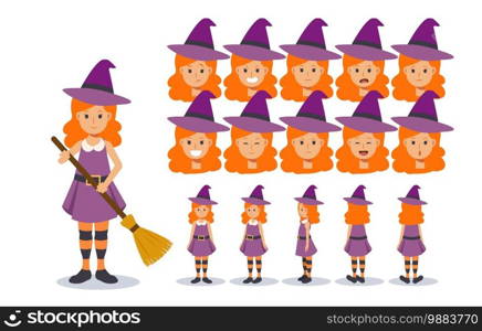 Little Girl in witch costume for Halloween festival.trick or treat. Front, side, back view animated character.Vector Character creation set, Cartoon style, flat vector illustration.