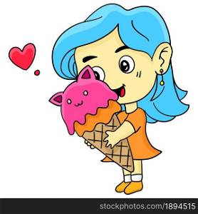 little girl is eating ice cream. cartoon illustration cute sticker