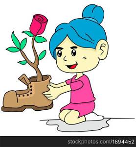 little girl is gardening. cartoon illustration cute sticker