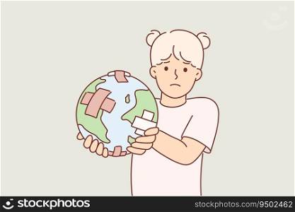 Little girl is holding globe with band-aid, worrying about eco issues and co2 carbon dioxide emissions damaging environment. Child eco activist calls to pay attention to ecology or climate change. Little girl holding globe with band-aid, worrying about ECO issues and co2 carbon dioxide emissions