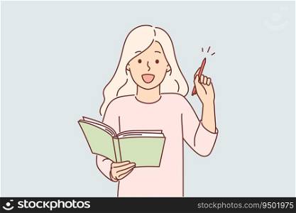 Little girl is holding notepad and pen, making list of gifts wants and writing them down in personal diary. Excited child coming up with ideas, reading and doing marks in book or textbook. Little girl is holding notepad and pen, making list of gifts wants and writing them down in diary