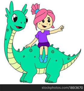 little girl is riding a dinosaur. vector illustration cartoon character