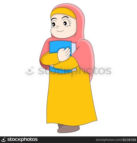 little girl is walking carrying the holy book of Islam to the mosque. vector design illustration art