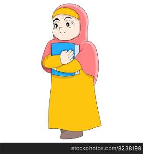little girl is walking carrying the holy book of Islam to the mosque. vector design illustration art