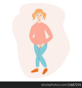 Little girl needs to pee. Urinary incontinence problem. Vector.. Little girl needs to pee. Urinary incontinence problem. Vector illustration.