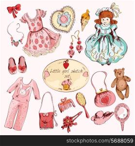 Little girl pink room accessories belongings set with dress toy bear doll abstract sketch doodle vector illustration