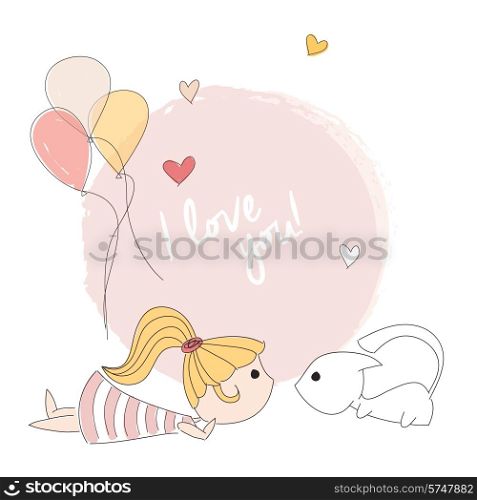 Little girl playing with a kitten, I love you message, vector illustration