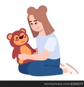 Little girl playing with teddy bear semi flat RGB color vector illustration. Sitting figure. Female kid sitting in kindergarten playground isolated cartoon character on white background. Little girl playing with teddy bear semi flat RGB color vector illustration
