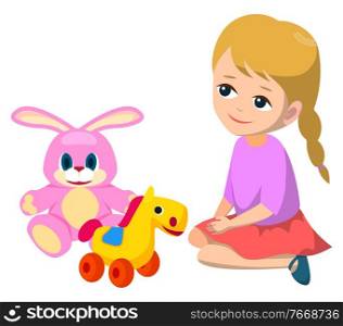 Little girl playing with toys on floor alone. Blonde child in violet blouse and red skirt. Big pink teddy bunny and horse on wheels. Kid isolated on white background. Vector illustration in flat style. Girl Playing with Toys, Horse on Wheels and Bunny