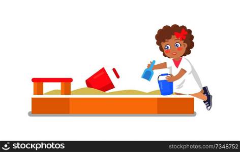 Little girl plays in sandbox putting sand with help of shovel and bucket vector illustration isolated on white background, childrens playground element. Little Girl Play in Sandbox Putting Sand by Shovel