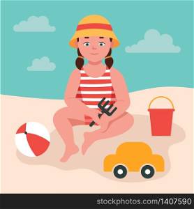Little girl plays in the sand by the sea, holds a toy rake in her hands. A child in a panama hat, toys, a bucket, a ball, a machine. Summer fun. Flat vector illustration.