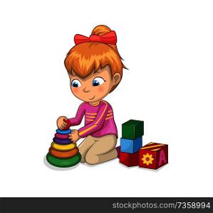Little girl plays with toys, cubes that have letters or flowers on side, plastic pyramid. Child entertains, leisure activity vector illustration.. Little Girl Playing with Toys Vector Illustration