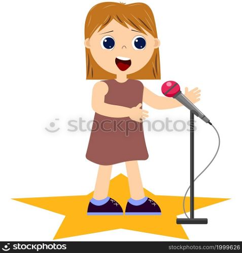 Little girl sings into a microphone, a children performance. Vector EPS 10.