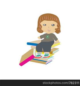 Little girl sitting on a pile of books. Isolated on white background. . Little girl sitting on a pile of books.