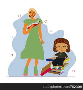 Little girl sitting on books and mother reading a book. Read to your child concept.. Little girl sitting on books and mother reading a book.