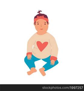 Little girl sitting on floor. Cute cartoon infant in casual sweater with heart. Kids pose. Motherhood and baby care. Children growth steps. Infancy development. Vector isolated happy daughter activity. Little girl sitting on floor. Cute infant in casual sweater with heart. Kids pose. Motherhood and baby care. Children growth steps. Infancy development. Vector happy daughter activity