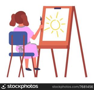 Little girl sitting on the chair near the easel and drawing aquarell paints on large sheet of paper, education and child development concept illustration. Kid holding paint brush in hand back view. Little girl sitting on the chair and drawing aquarell paints on large sheet, education concept