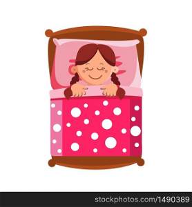 Little Girl Sleeping In Bed, Sweet Dreams Vector. Cute Character Happy Smiling Small Child Lying In Comfort Bed On Pillow And Covered With Blanket. Brunette Schoolgirl Flat Cartoon Illustration. Little Girl Sleeping In Bed, Sweet Dreams Vector